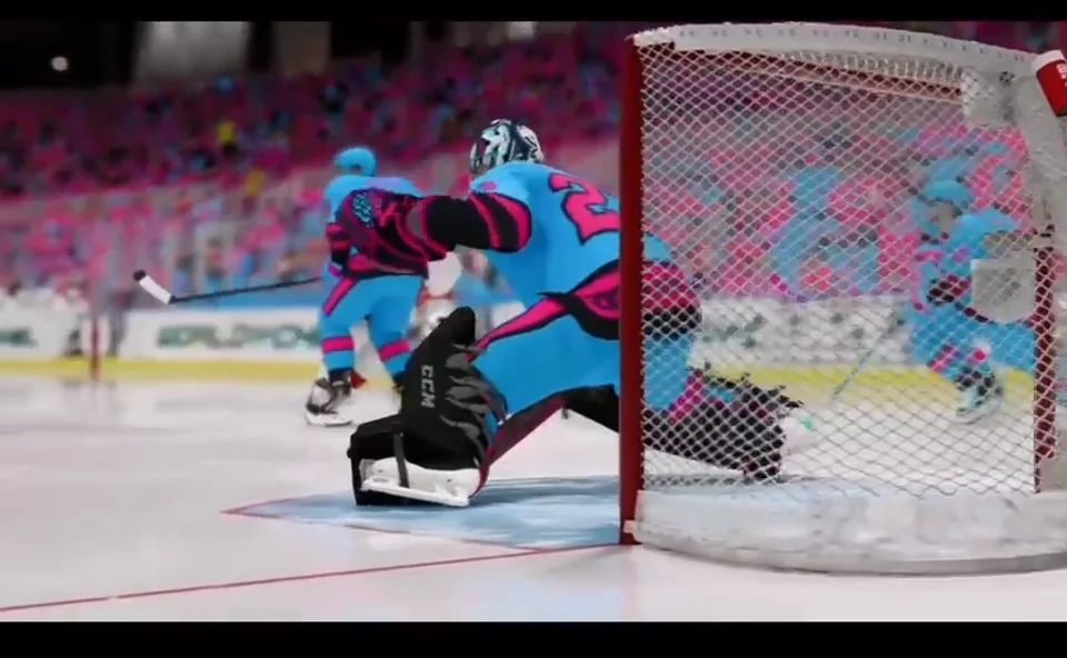 Still from Ryder’s archived highlight: a goaltender in the crease