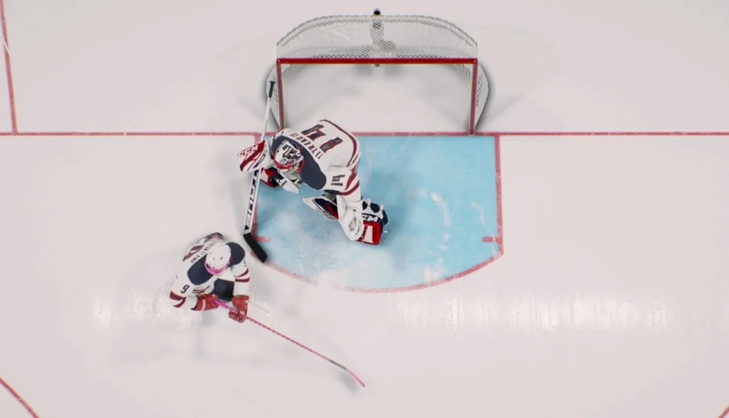 Overhead view of a Bardownski goaltender in the blue crease with a white-jersey teammate nearby